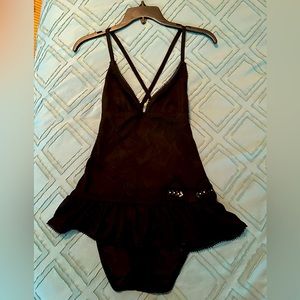 Betsey Johnson Black 1-Piece with Flounce and Rhinestone Bow - M